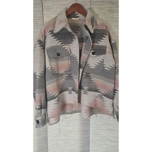 La Miel Womens Shirt Jacket Top Shacket Buttons Southwestern Blanket Frayed Sz S
